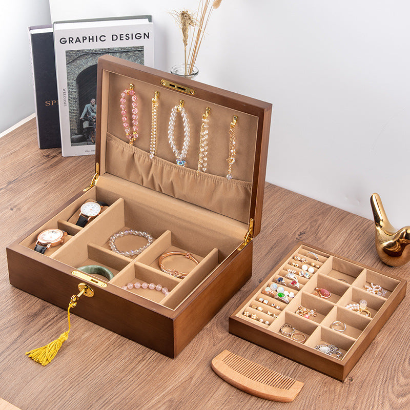 CAJA DE ALMACENAMIENTO PARA JOYERÍA CON CERRADURA RETRO DE MADERA MACIZA