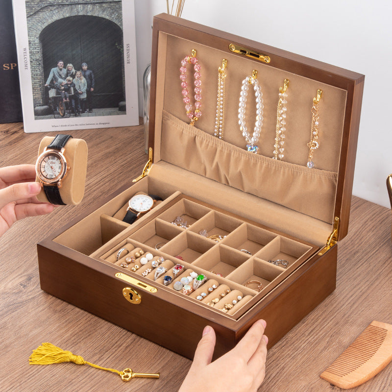 CAJA DE ALMACENAMIENTO PARA JOYERÍA CON CERRADURA RETRO DE MADERA MACIZA