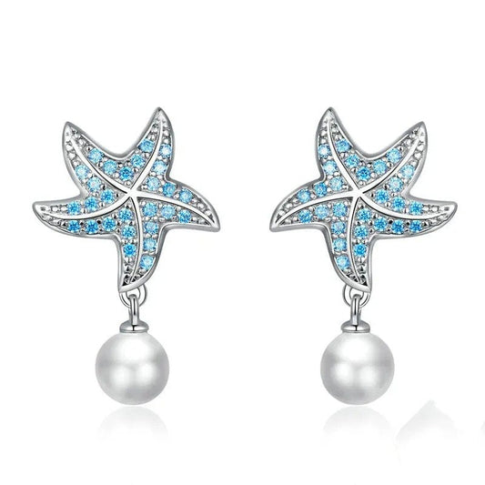 Pendientes de estrella de mar con circonita azul océano y pendientes colgantes de concha y perla