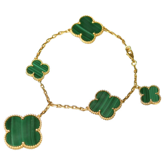 [Bijoux Regalia]BRACELET MAGIQUE TRÈFLE MALACHITE OR 5 MOTIFS