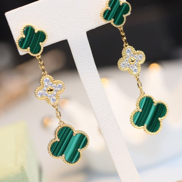 [Joyas Regalia] PENDIENTES DE TRÉBOL ORO MALAQUITA DIAMANTE 3 MOTIVOS