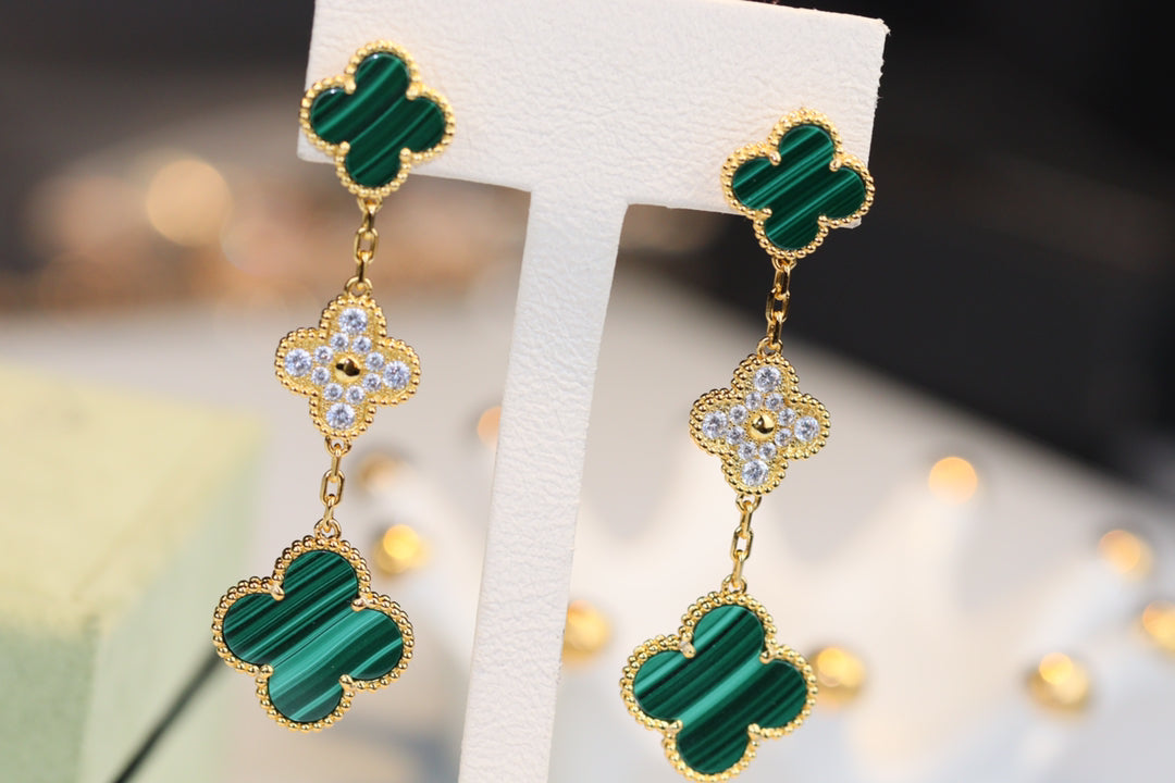 [Joyas Regalia] PENDIENTES DE TRÉBOL ORO MALAQUITA DIAMANTE 3 MOTIVOS