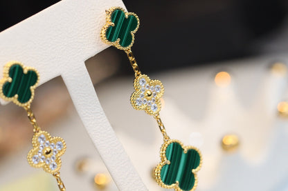 [Joyas Regalia] PENDIENTES DE TRÉBOL ORO MALAQUITA DIAMANTE 3 MOTIVOS