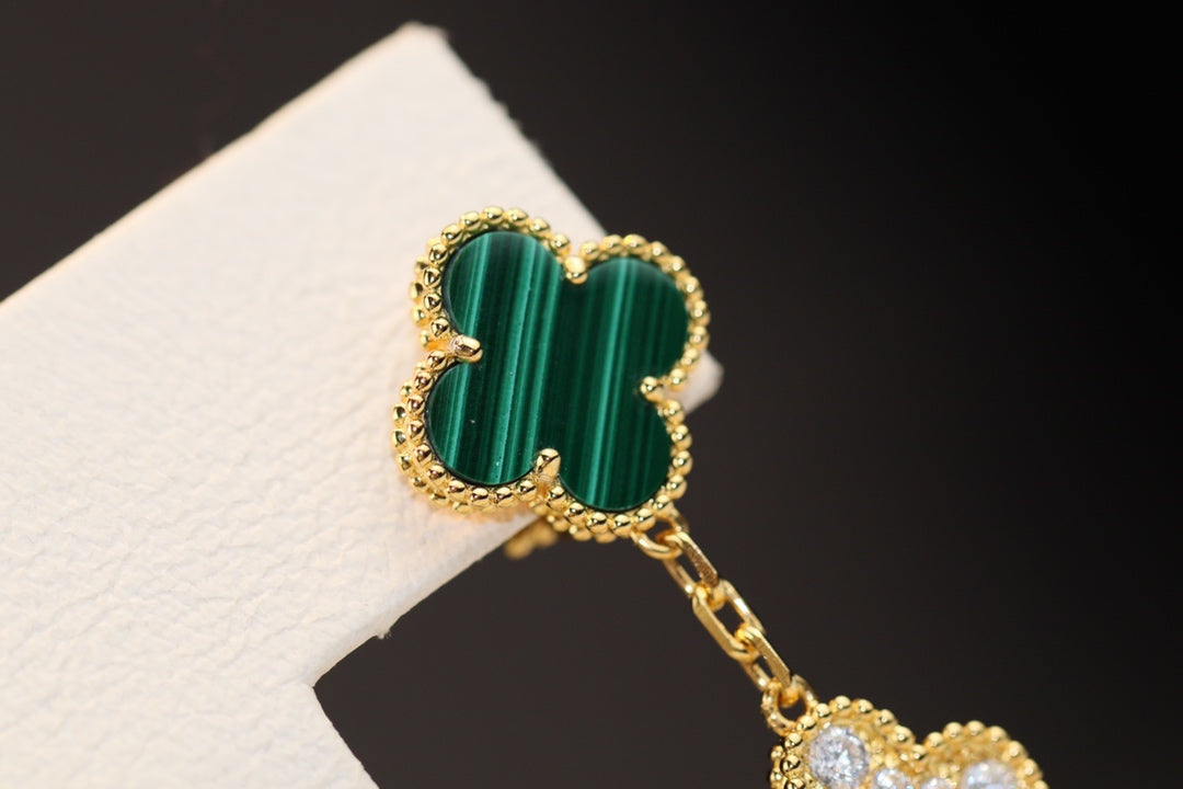 [Joyas Regalia] PENDIENTES DE TRÉBOL ORO MALAQUITA DIAMANTE 3 MOTIVOS