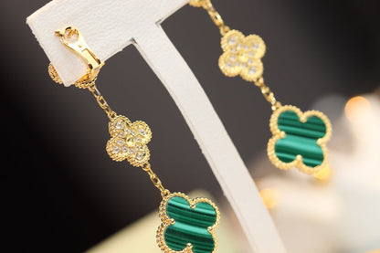 [Joyas Regalia] PENDIENTES DE TRÉBOL ORO MALAQUITA DIAMANTE 3 MOTIVOS