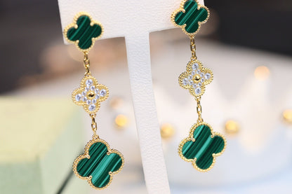 [Joyas Regalia] PENDIENTES DE TRÉBOL ORO MALAQUITA DIAMANTE 3 MOTIVOS