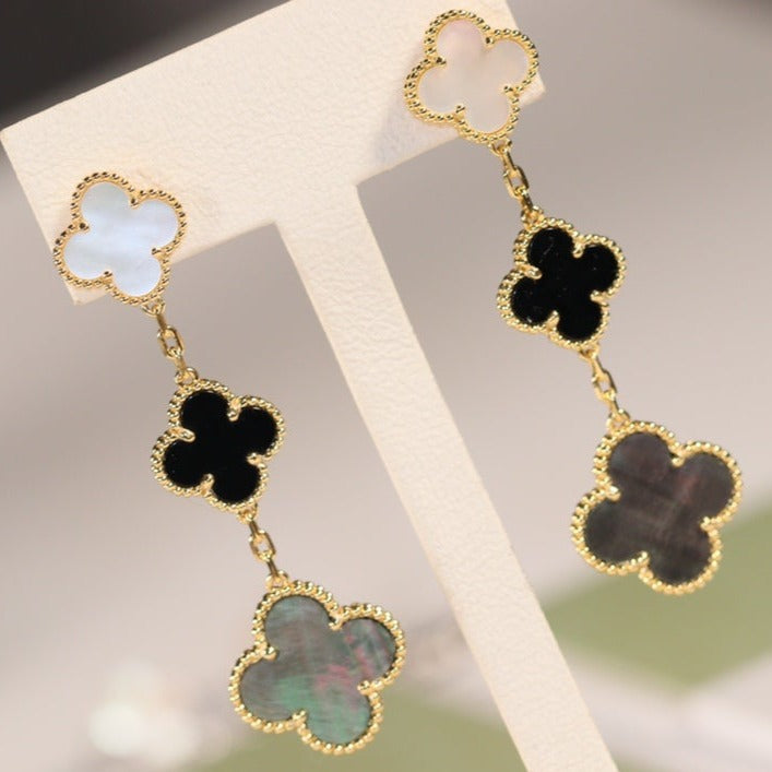 [Joyas Regalia] PENDIENTES DE TRÉBOL ORO ÓNIX MOP 3 MOTIVOS 
