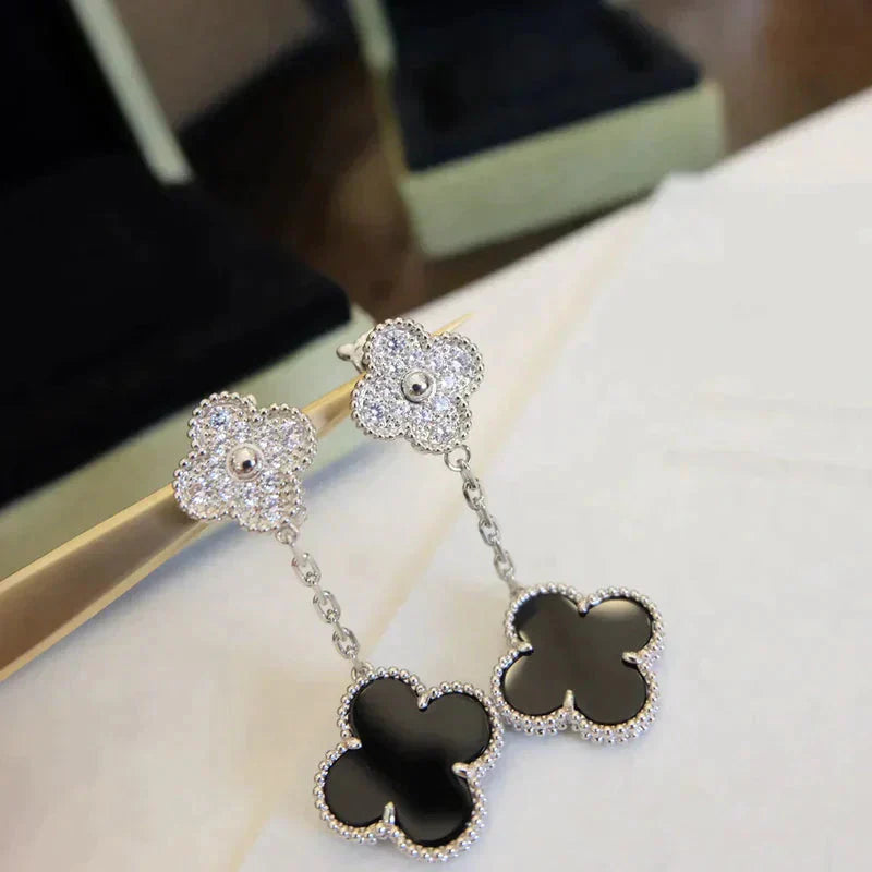 [Bijoux Regalia] BOUCLES D'OREILLES TRÈFLE 2 MOTIFS DIAMANT ONYX ARGENT