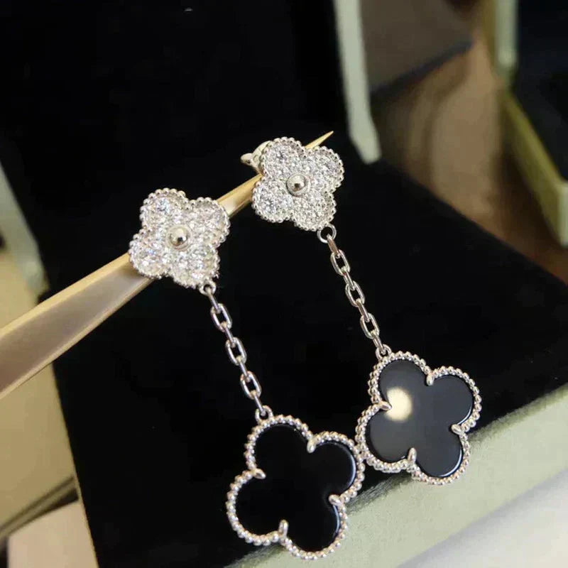 [Bijoux Regalia] BOUCLES D'OREILLES TRÈFLE 2 MOTIFS DIAMANT ONYX ARGENT