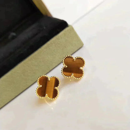 [Joyas Regalia] PENDIENTES DE OJO DE TIGRE CON 1 MOTIVO DE TRÉBOL MEDIANO