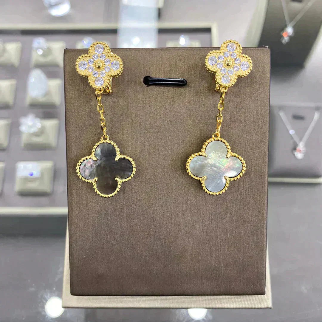 [Joyas Regalia] PENDIENTES DE DIAMANTES CON 2 MOTIVOS DE TRÉBOL (MÚLTIPLES OPCIONES)