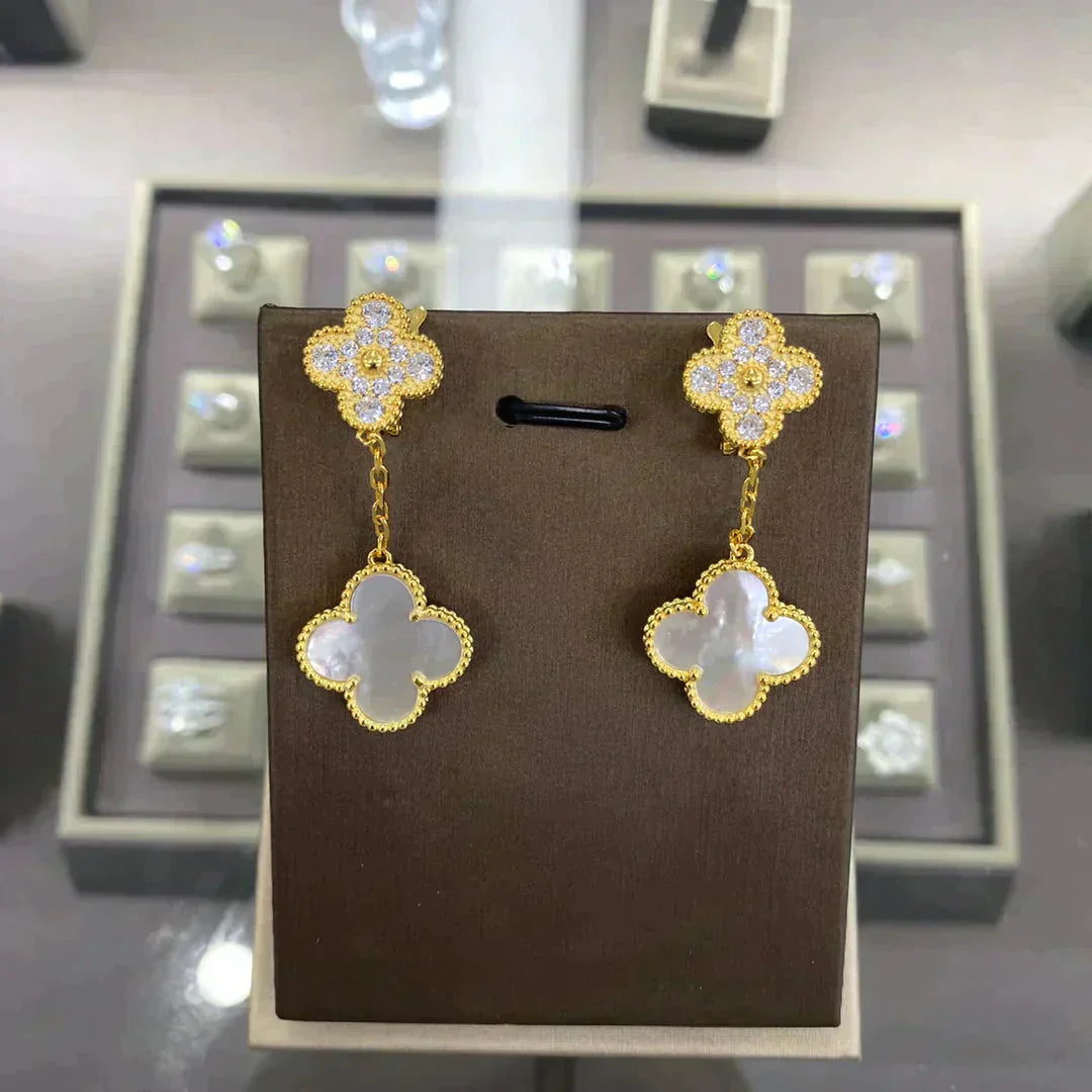 [Joyas Regalia] PENDIENTES DE DIAMANTES CON 2 MOTIVOS DE TRÉBOL (MÚLTIPLES OPCIONES)