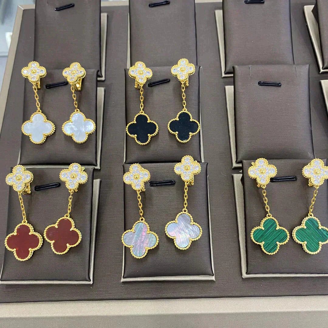[Joyas Regalia] PENDIENTES DE DIAMANTES CON 2 MOTIVOS DE TRÉBOL (MÚLTIPLES OPCIONES)
