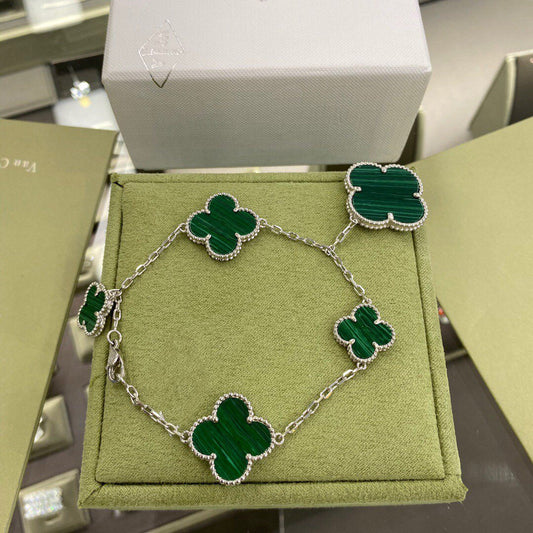 [Bijoux Regalia]BRACELET TRÈFLE 5 MOTIFS ARGENT MALACHITE