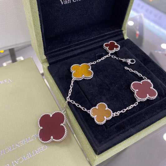 [Bijoux Regalia]BRACELET TRÈFLE 5 MOTIFS ARGENT CORNALINE ŒIL DE TIGRE