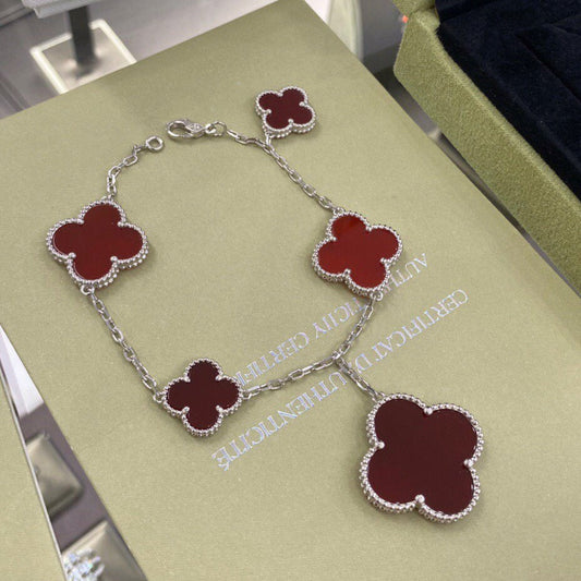[Bijoux Regalia]BRACELET TRÈFLE 5 MOTIFS ARGENT CORNALINE