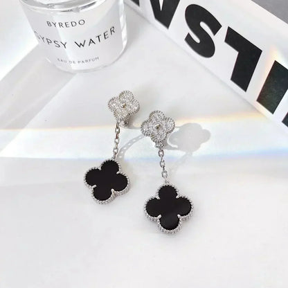[Bijoux Regalia] BOUCLES D'OREILLES TRÈFLE 2 MOTIFS DIAMANT ONYX ARGENT