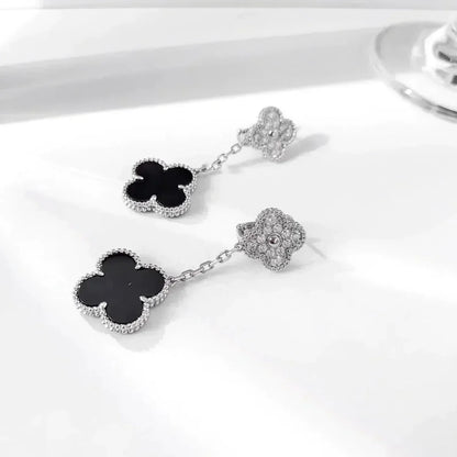 [Bijoux Regalia] BOUCLES D'OREILLES TRÈFLE 2 MOTIFS DIAMANT ONYX ARGENT