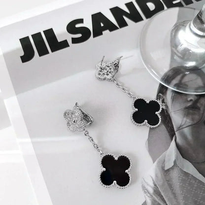 [Bijoux Regalia] BOUCLES D'OREILLES TRÈFLE 2 MOTIFS DIAMANT ONYX ARGENT