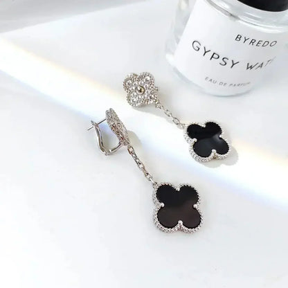 [Bijoux Regalia] BOUCLES D'OREILLES TRÈFLE 2 MOTIFS DIAMANT ONYX ARGENT