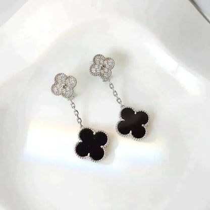 [Bijoux Regalia] BOUCLES D'OREILLES TRÈFLE 2 MOTIFS DIAMANT ONYX ARGENT