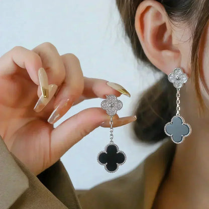 [Bijoux Regalia] BOUCLES D'OREILLES TRÈFLE 2 MOTIFS DIAMANT ONYX ARGENT