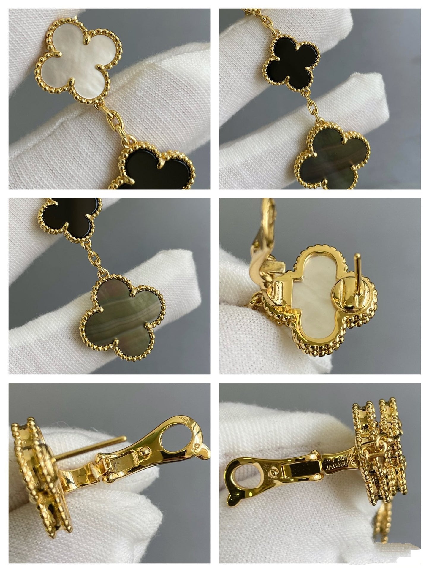 [Joyas Regalia] PENDIENTES DE ORO ROSA OSCURO CON 3 MOTIVOS DE TRÉBOL Y ÓNIX MOP