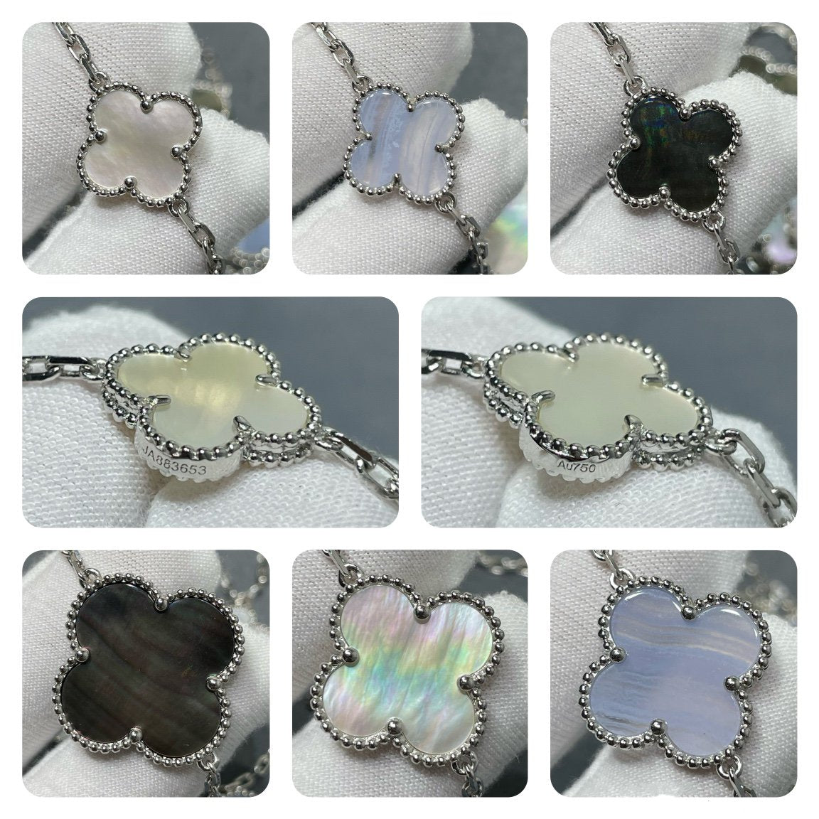 [Bijoux Regalia] COLLIER EN ARGENT ET CALCÉDOINE À 16 MOTIFS DE TRÈFLE
