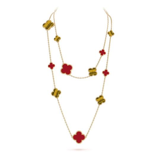 [Bijoux Regalia] COLLIER EN OR ROSE AVEC 16 MOTIFS DE TRÈFLE, CORNALINE ET ŒIL DE TIGRE