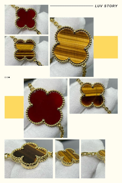 [Joyas Regalia] COLLAR DE OJO DE TIGRE CON 16 MOTIVOS DE TRÉBOL Y CORNALINA EN ORO ROSA