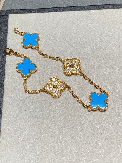 [Regalia jewelry]CLOVER 5 MOTIF BLUE CHALCEDONY DIAMOND GOLD BRACELET