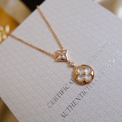 [Bijoux Regalia] COLLIER EN OR ROSE À 2 MOTIFS ÉTOILE ET SOLEIL BLANC 