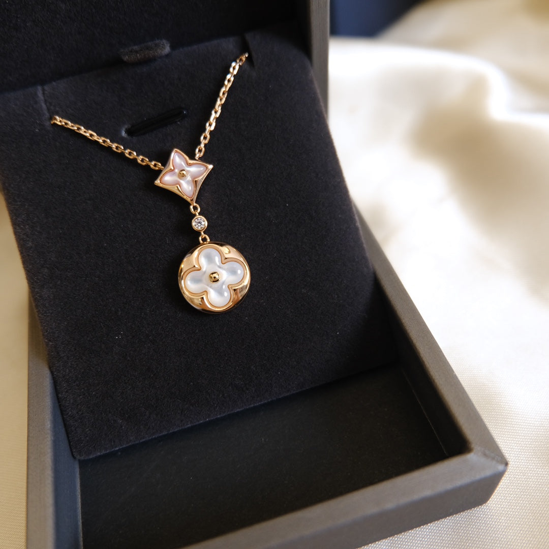[Bijoux Regalia] COLLIER EN OR ROSE À 2 MOTIFS ÉTOILE ET SOLEIL BLANC 