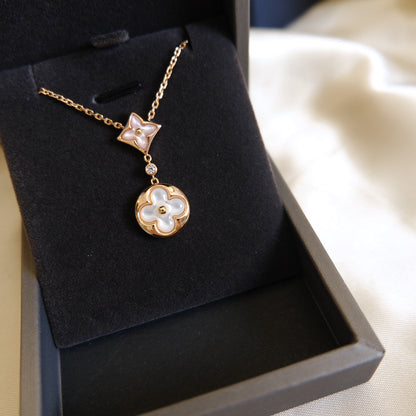 [Bijoux Regalia] COLLIER EN OR ROSE À 2 MOTIFS ÉTOILE ET SOLEIL BLANC 