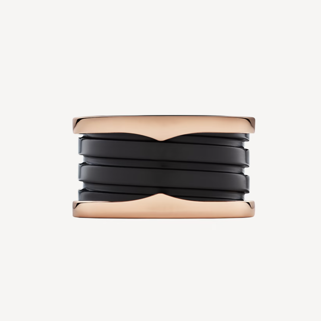 [Bijoux Regalia] ZERO 1 BAGUE À QUATRE BANDES ET SPIRALE EN CÉRAMIQUE NOIRE EN OR ROSE