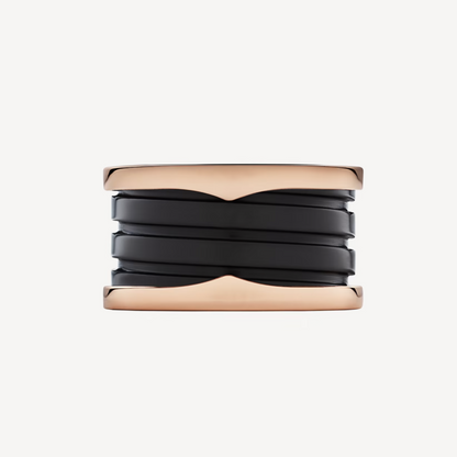 [Bijoux Regalia] ZERO 1 BAGUE À QUATRE BANDES ET SPIRALE EN CÉRAMIQUE NOIRE EN OR ROSE
