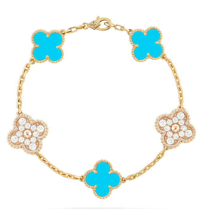 [Bijoux Regalia]BRACELET EN OR ET DIAMANTS TURQUOISE À 5 MOTIFS TRÈFLE