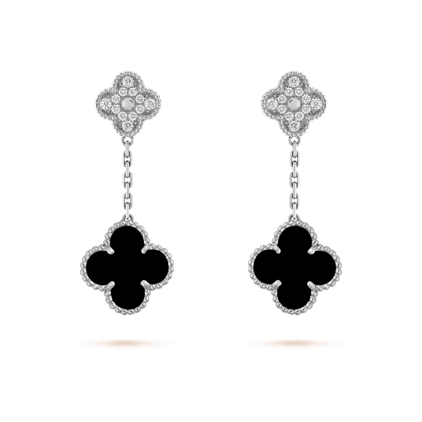 [Bijoux Regalia] BOUCLES D'OREILLES TRÈFLE 2 MOTIFS DIAMANT ONYX ARGENT