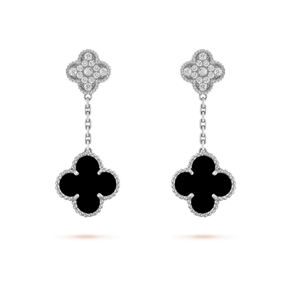 [Bijoux Regalia] BOUCLES D'OREILLES TRÈFLE 2 MOTIFS DIAMANT ONYX ARGENT