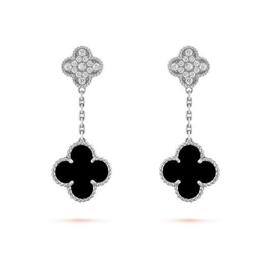 [Joyas Regalia] PENDIENTES DE PLATA CON 2 MOTIVOS DE TRÉBOL Y ÓNIX Y DIAMANTE