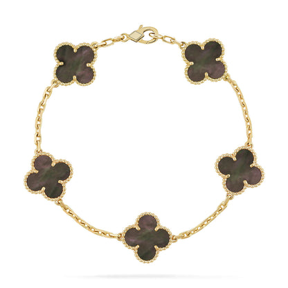 [Joyas Regalia] PULSERA DE TRAPEZOIDAL GRIS CON 5 MOTIVOS DE TRÉBOL
