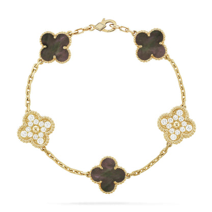 [Joyas Regalia] PULSERA DE DIAMANTES CON 5 MOTIVOS DE TRÉBOL EN COLOR GRIS