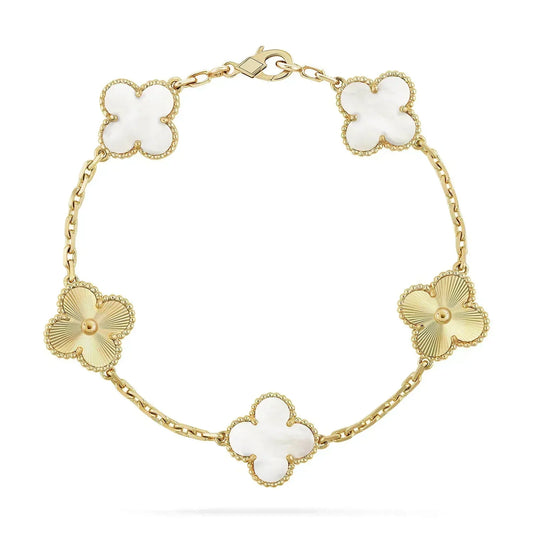[Bijoux Regalia]BRACELET TRÈFLE 5 MOTIFS NACRE BLANCHE OR ROSE