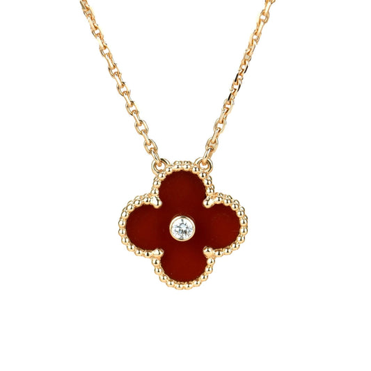 [Joyas Regalia] COLLAR DE CORNALINA CON DIAMANTES Y TRÉBOL DE 15 MM