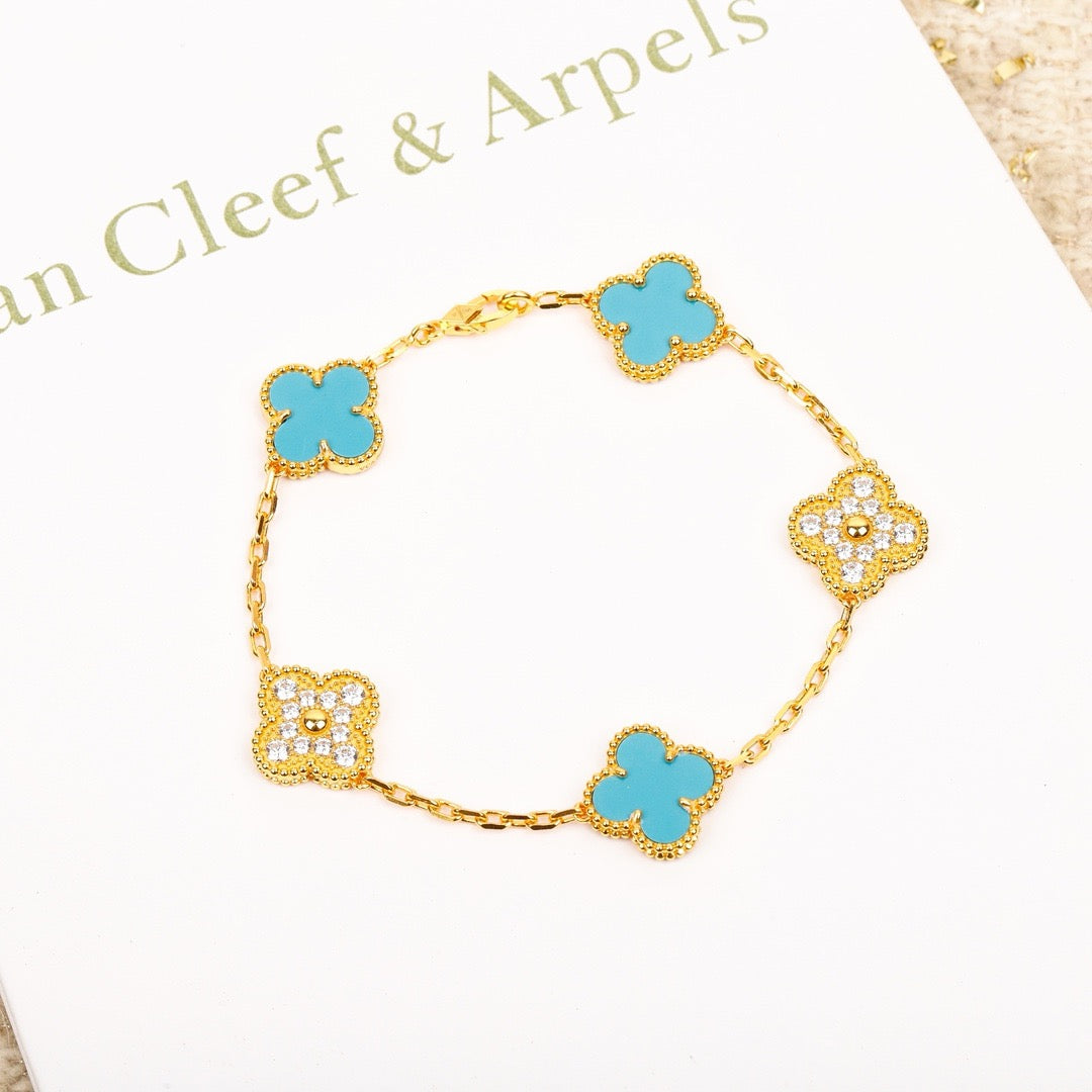 [Bijoux Regalia]BRACELET EN OR ET DIAMANTS TURQUOISE À 5 MOTIFS TRÈFLE