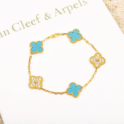 [Bijoux Regalia]BRACELET EN OR ET DIAMANTS TURQUOISE À 5 MOTIFS TRÈFLE