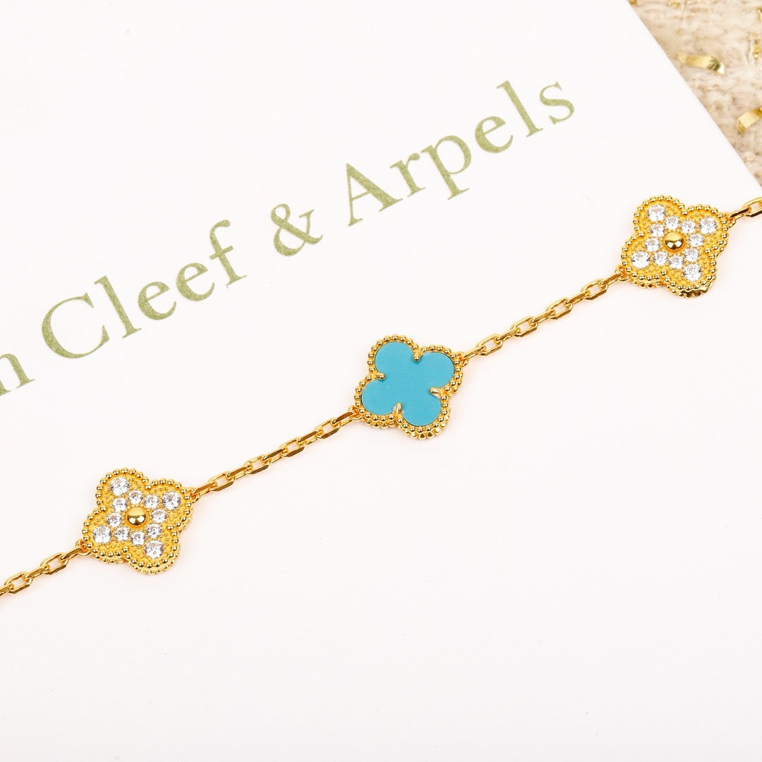 [Bijoux Regalia]BRACELET EN OR ET DIAMANTS TURQUOISE À 5 MOTIFS TRÈFLE