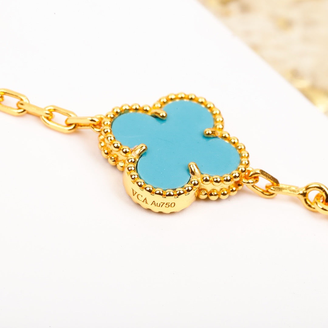 [Bijoux Regalia]BRACELET EN OR ET DIAMANTS TURQUOISE À 5 MOTIFS TRÈFLE