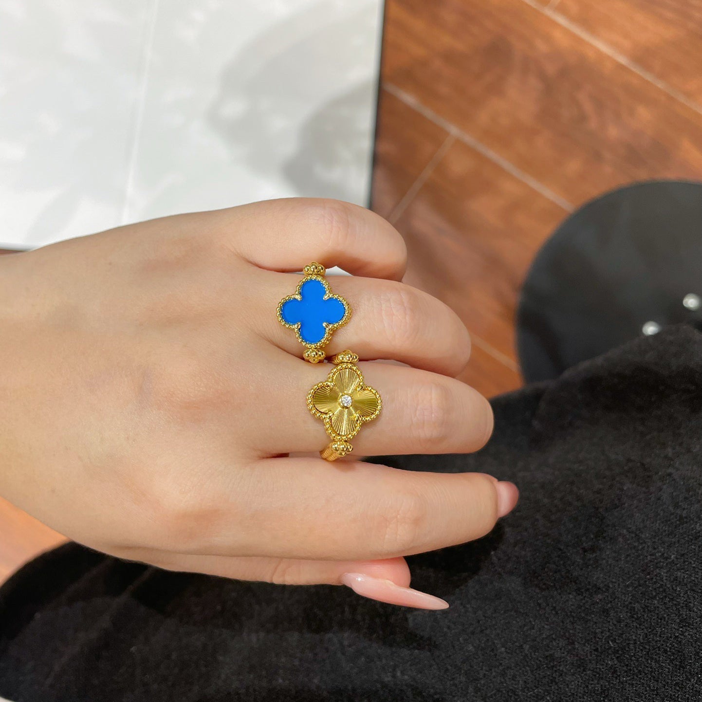 [Joyas Regalia]Anillo de ágata azul ribereña de trébol