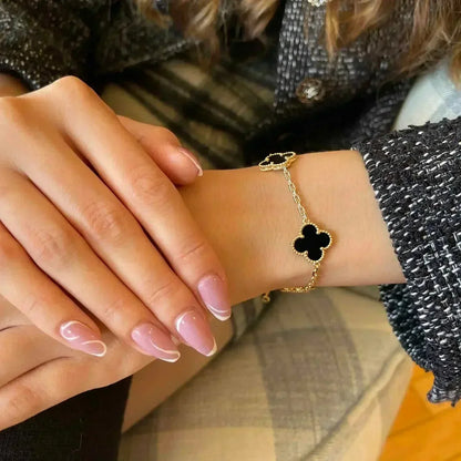 [Bijoux Regalia]BRACELET TRÈFLE 5 MOTIFS EN ONYX NOIR 